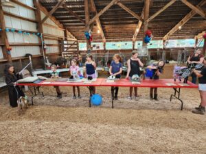 Children stand in a line inside a barn, each with a goat on a red table. They appear to be preparing for a goat show or competition. The barn is decorated with blue and red balloons, and there are other goats visible in the background.